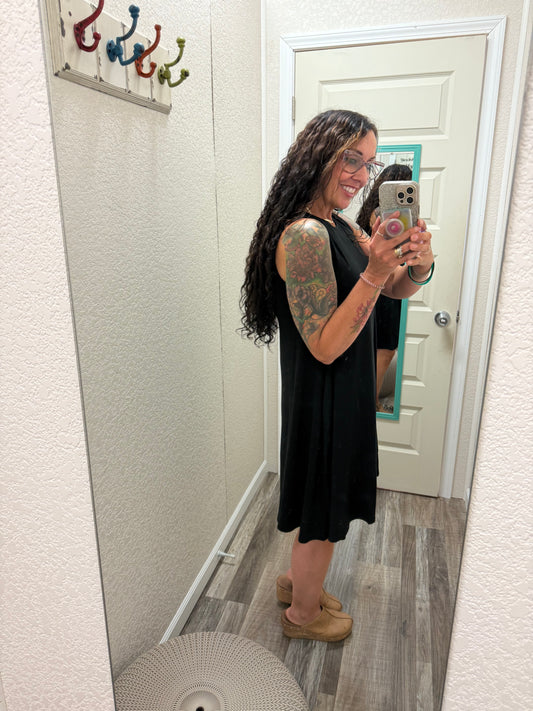 Lacey Little Black Sleeveless Dress with Pockets