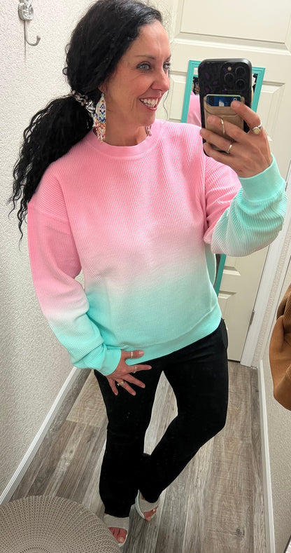 All The Mints Ombré Cozy Corded Crew (pink/mint)