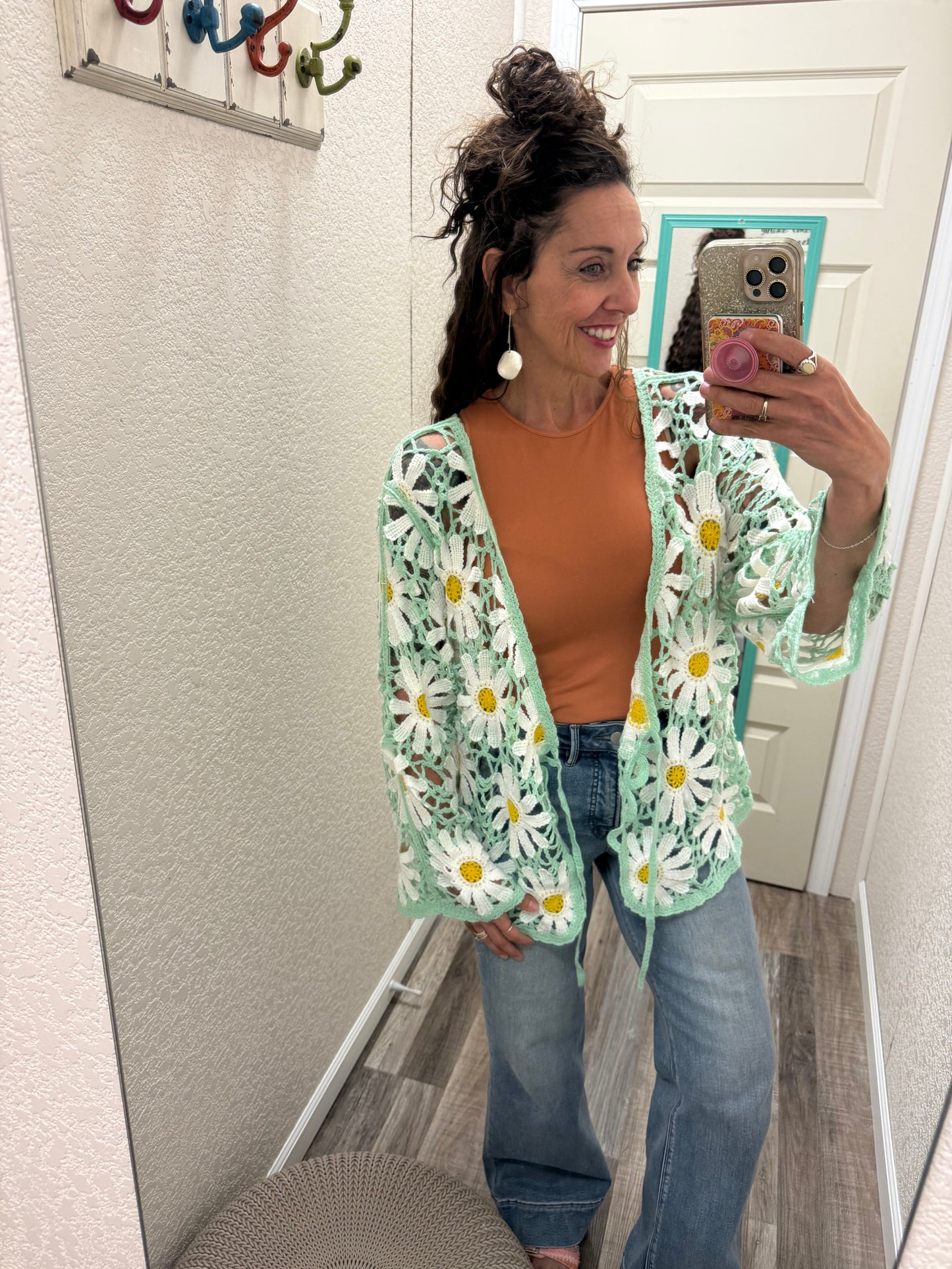 Daisy Long sleeve V neck crochet knit open cardigan: One Size
