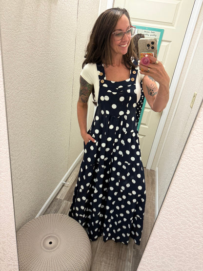 Polly Polka Dot Sling Maxi Jumpsuit: Navy White