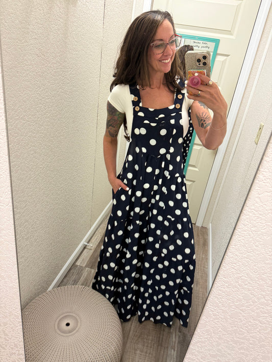 Polly Polka Dot Sling Maxi Jumpsuit: Navy White