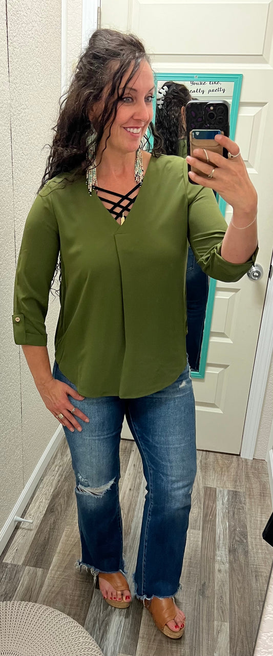 Francesca - Olive - 3/4 Tab Sleeve Blouse