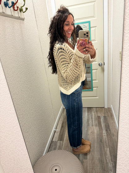 Love you A Latte - Open Knit V-neck Crochet Cardigan: