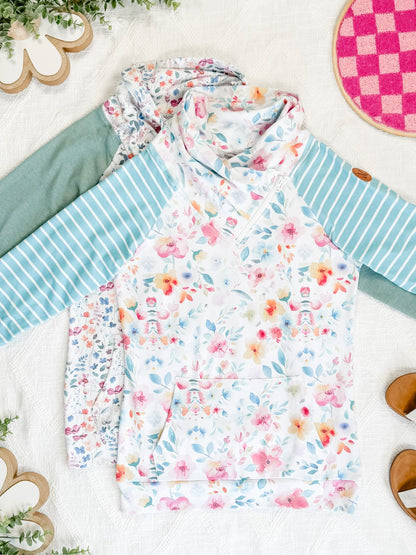 IN STOCK Zoey ZipCowl Sweatshirt - Watercolor Floral and Stripes