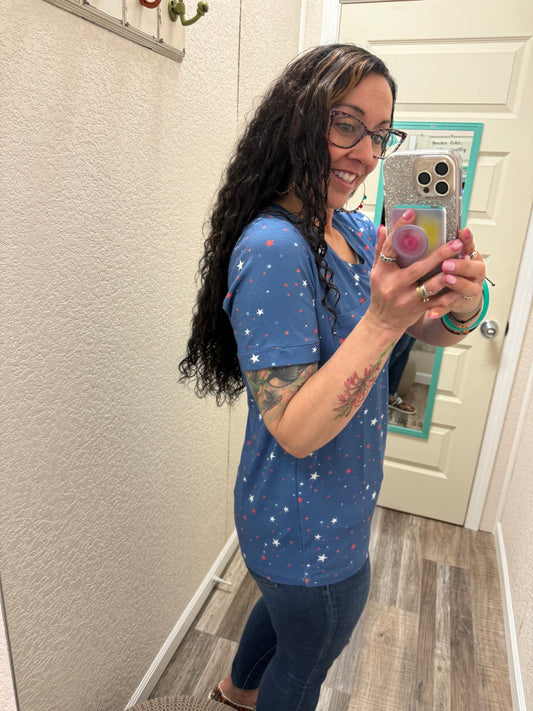Sophie Pocket Tee - Blue Liberty Stars