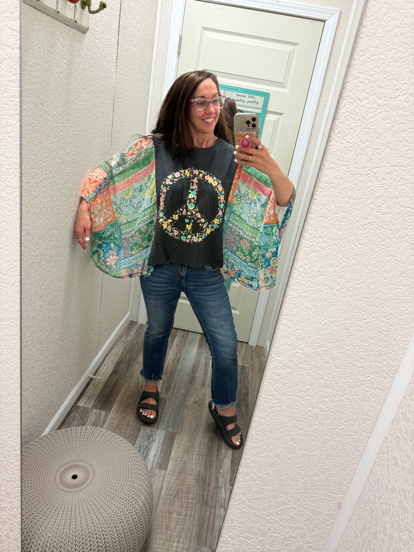 Floral Peace Boho Graphic Rustic Sheer Sleeves Kaftan Top: BLACK
