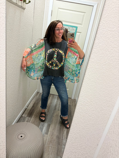 Floral Peace Boho Graphic Rustic Sheer Sleeves Kaftan Top: BLACK