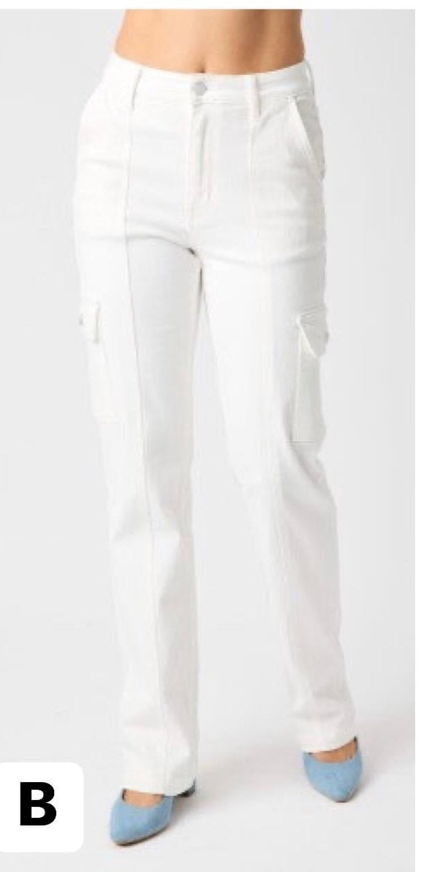 Judy Blue White High Waist Straight Cargo Jeans