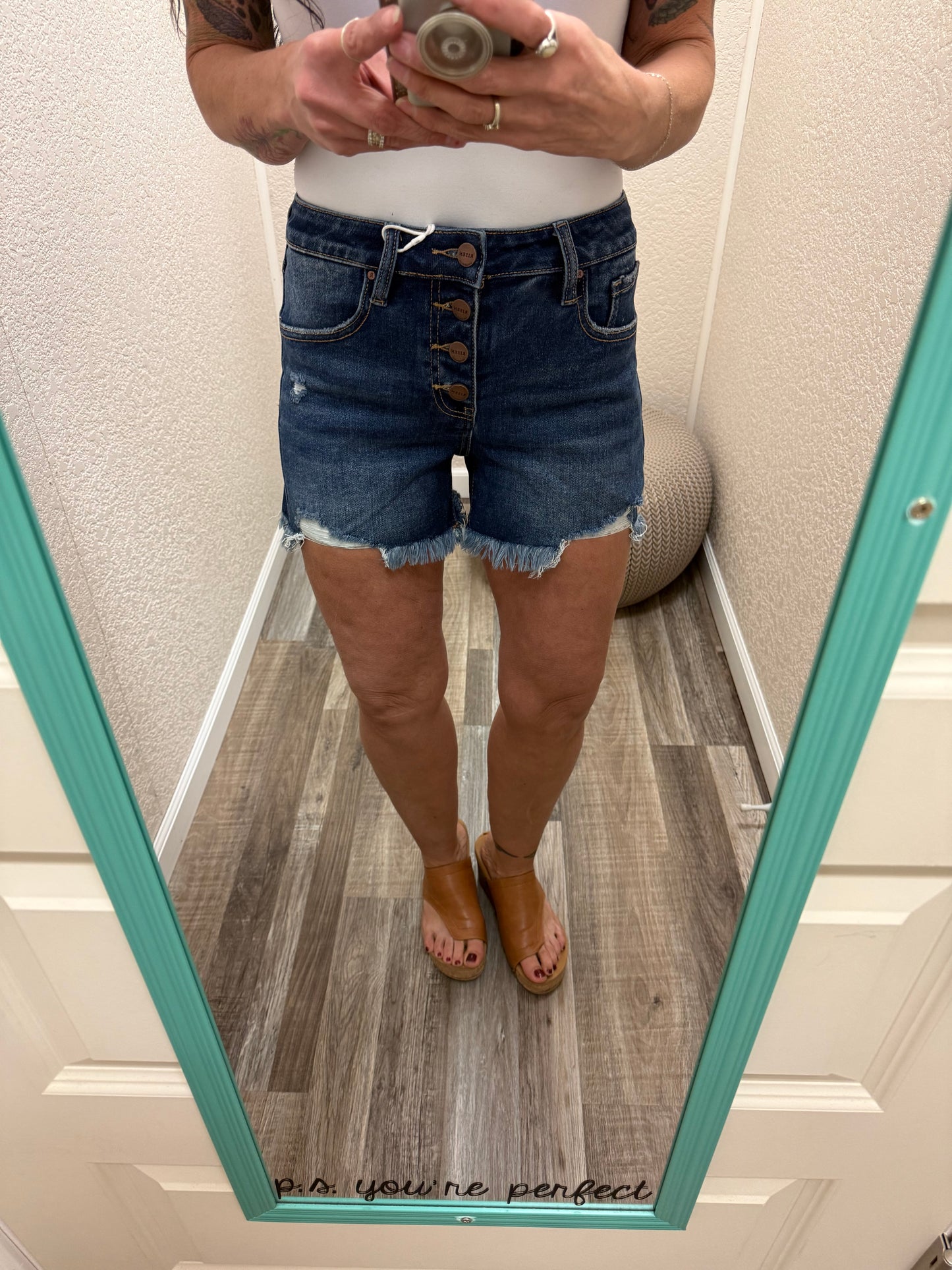 Carrie Risen Mid Rise Button Down Shorts Dark Wash