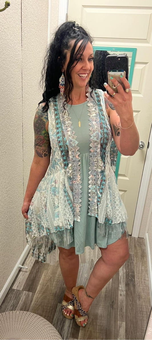 Whimsical ShowStopper - HIGH LOW ALL LACE VEST WITH PRINT (Renaissance)