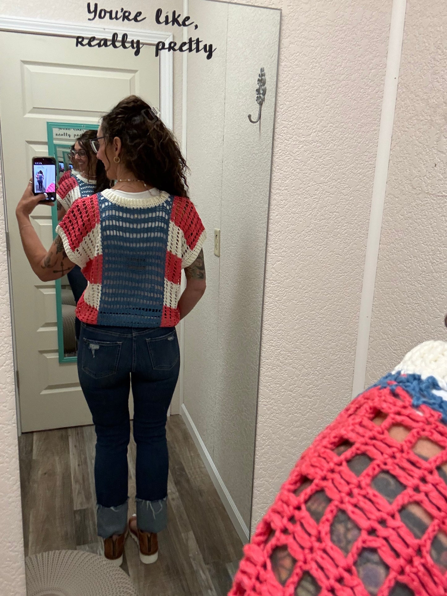 Starry Patches Open Knit Short Sleeve Top
