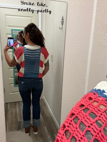Starry Patches Open Knit Short Sleeve Top