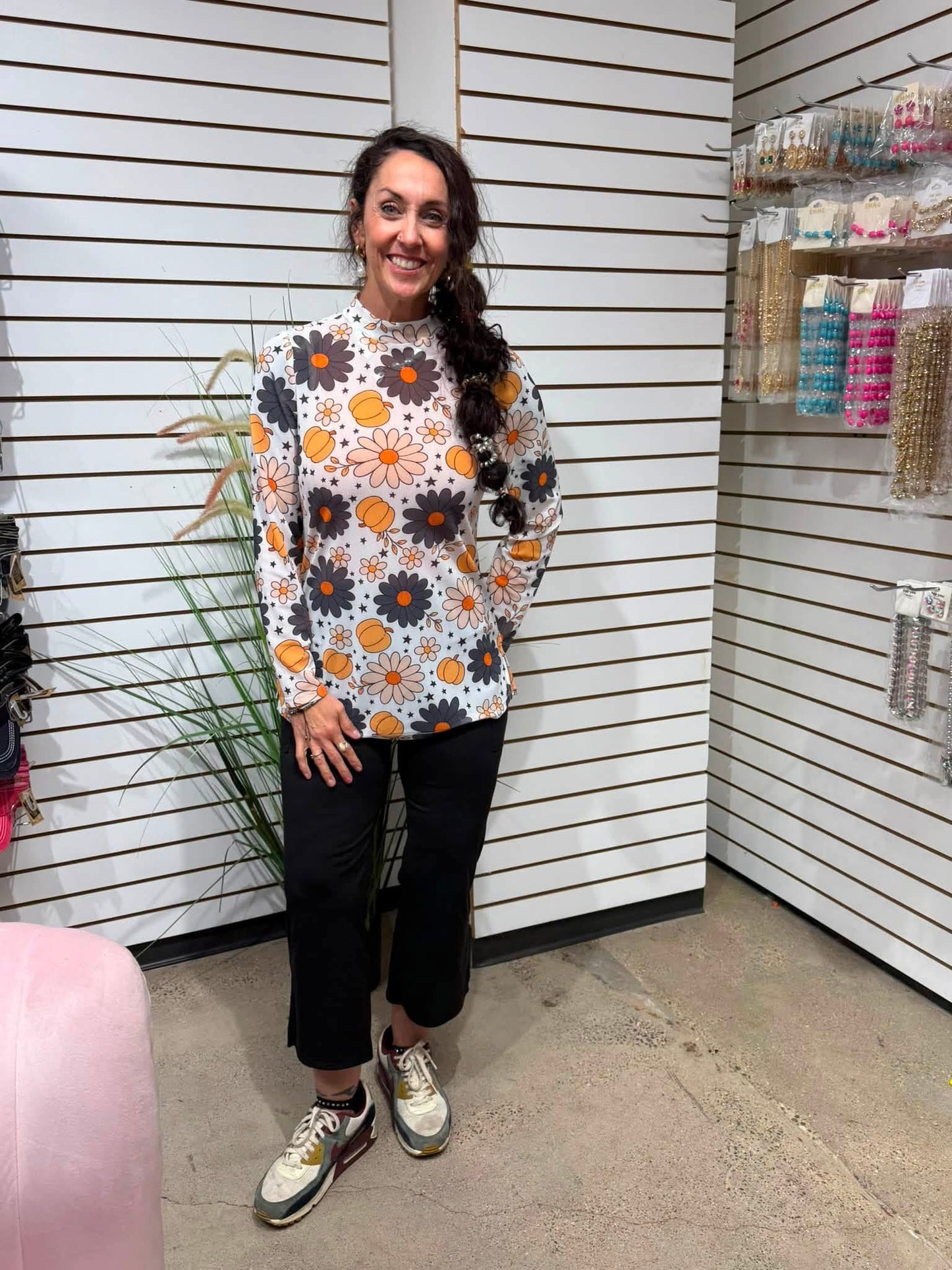 Pumpkins and Flowers White Mesh Top
