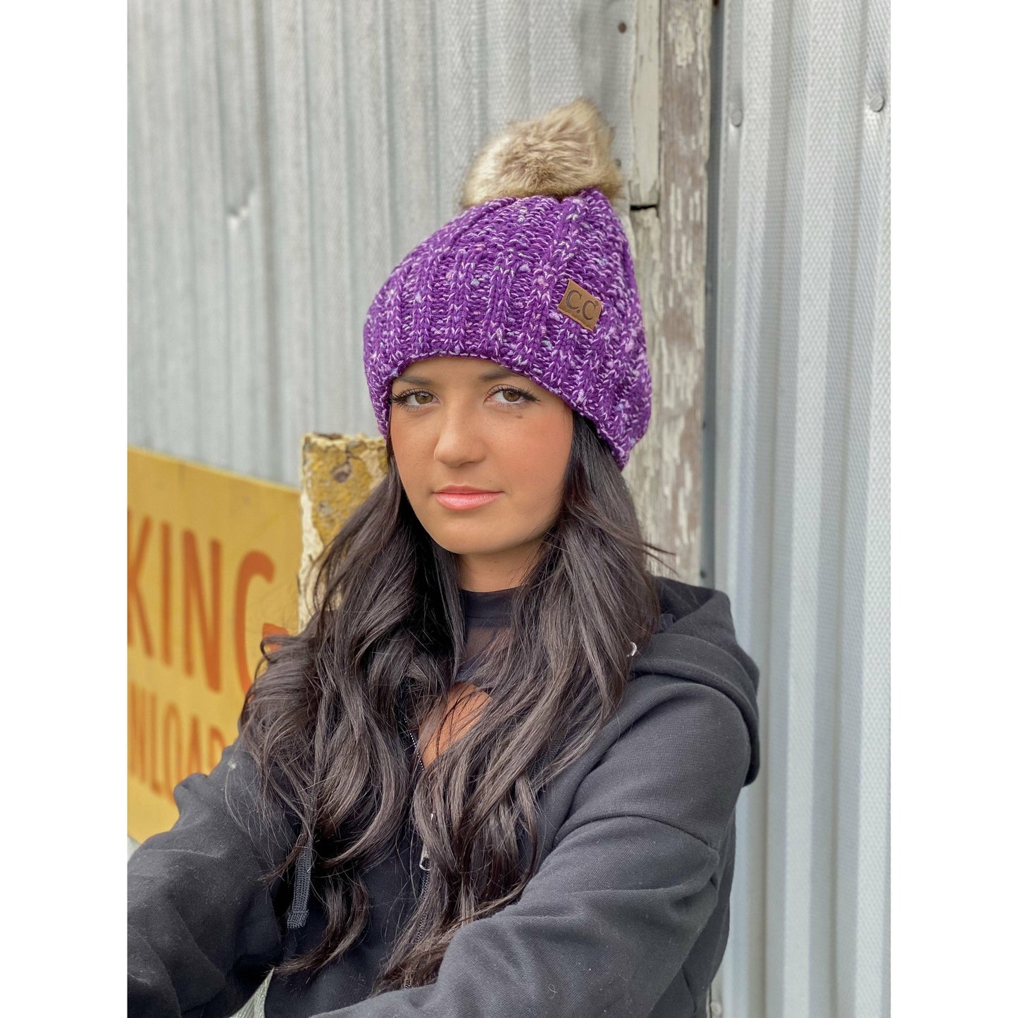 Fuzzy Lined Confetti Knit Fur Pom CC Beanie