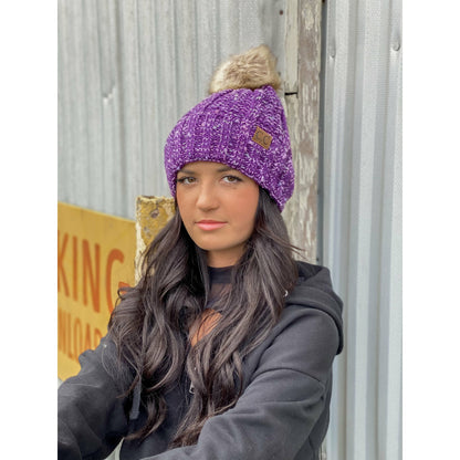 Fuzzy Lined Confetti Knit Fur Pom CC Beanie