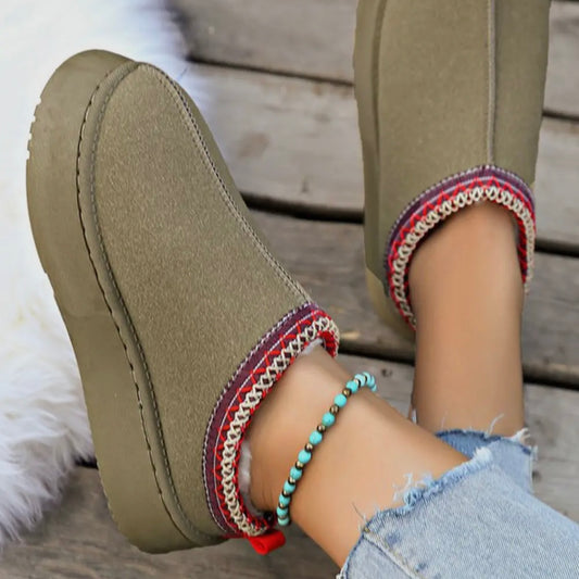 Olive Contrast Print Suede Plush Lined Snow Shoes