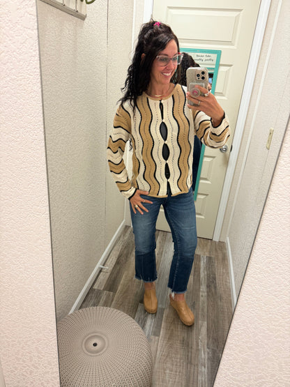 Wave On Pointelle Wavy Striped Knit Button Down Cardigan