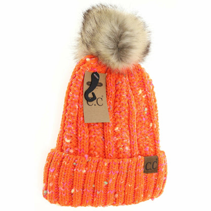 Fuzzy Lined Confetti Knit Fur Pom CC Beanie