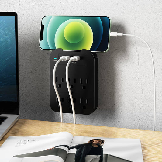 Black Charge Surge Protector, 6 Outlets/2 USB Ports