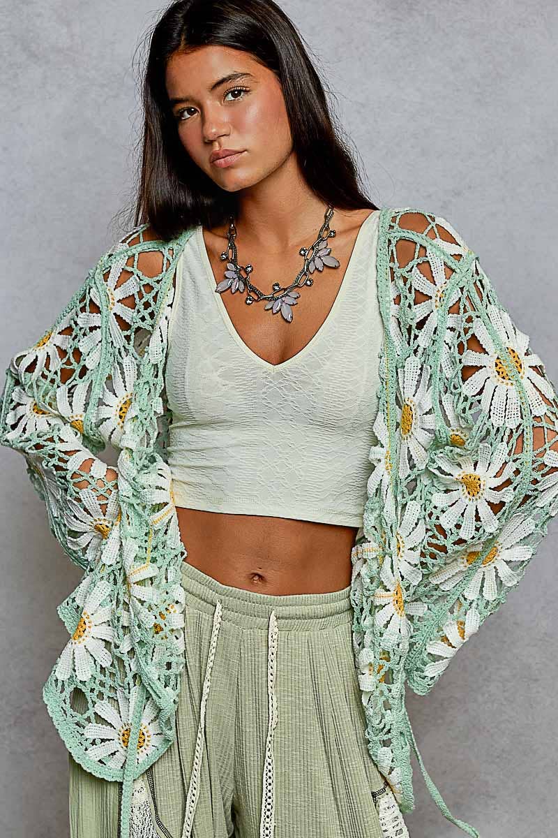 Daisy Long sleeve V neck crochet knit open cardigan: One Size