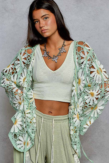 Daisy Long sleeve V neck crochet knit open cardigan: One Size