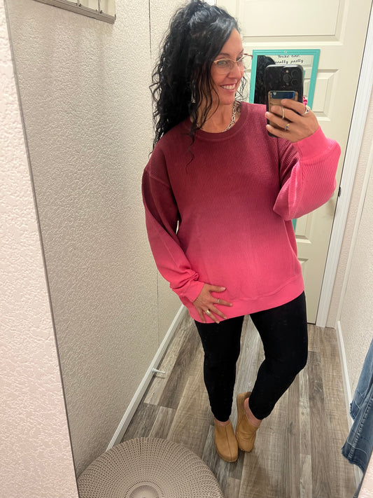 Miranda Maroon/Pink Ombré Cozy Corded Crew