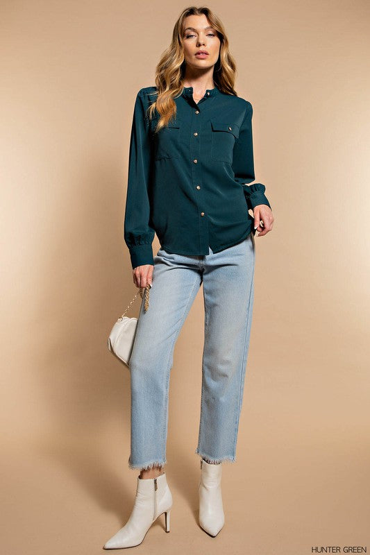 Nora - Hunter Green - Silky Button Up Shirt