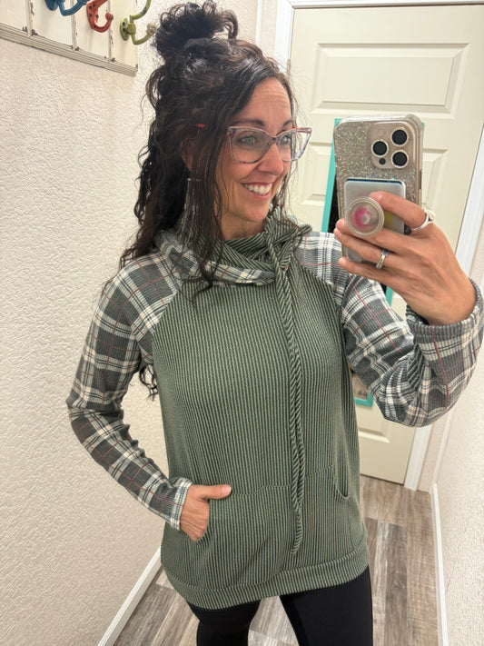 Holly Olive Corded PLAID CONTRAST DRAWSTRING HOODIE With Thumbholes
