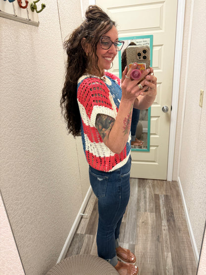 Starry Patches Open Knit Short Sleeve Top