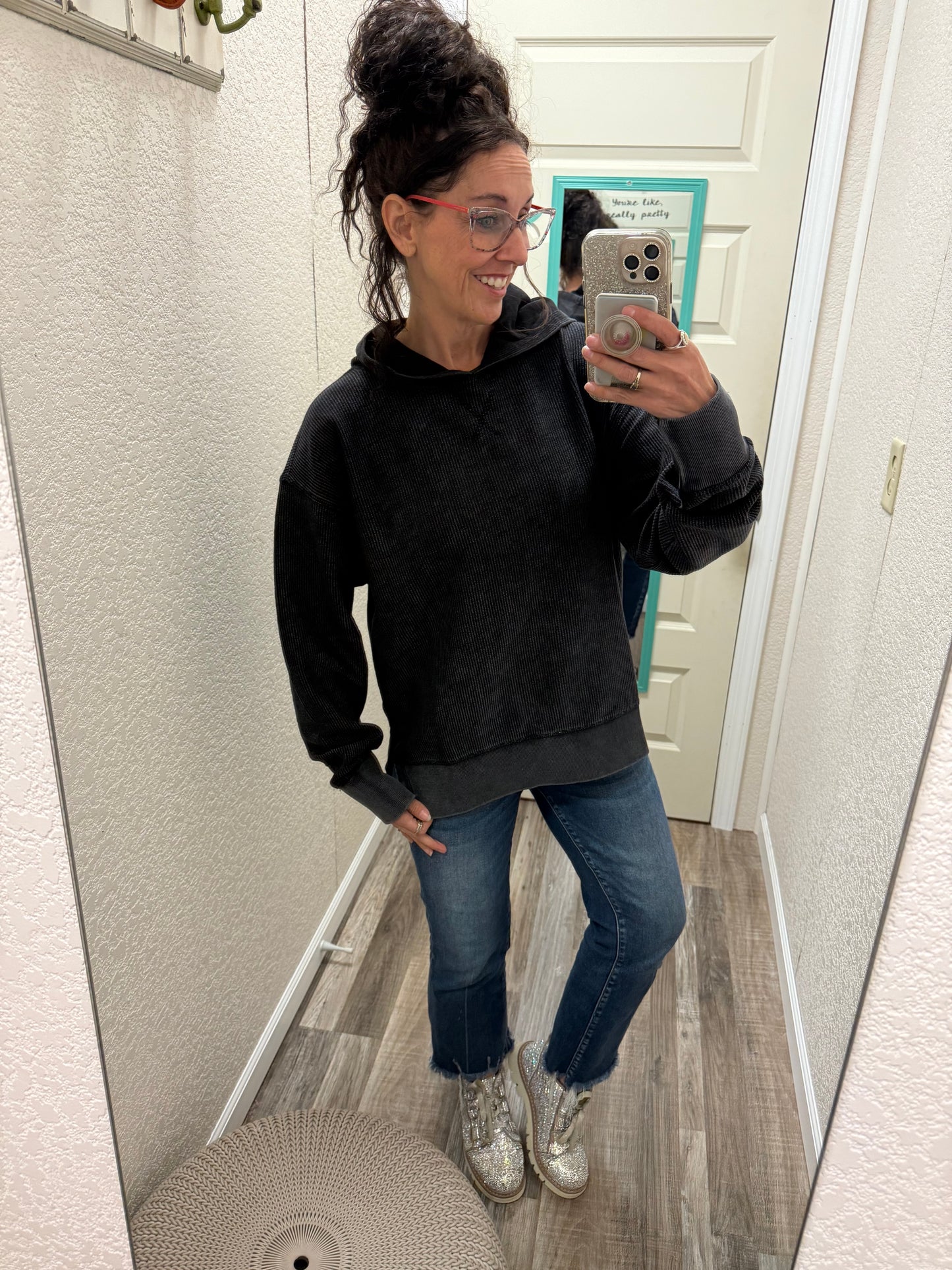 Washed Black Corded Hoodie