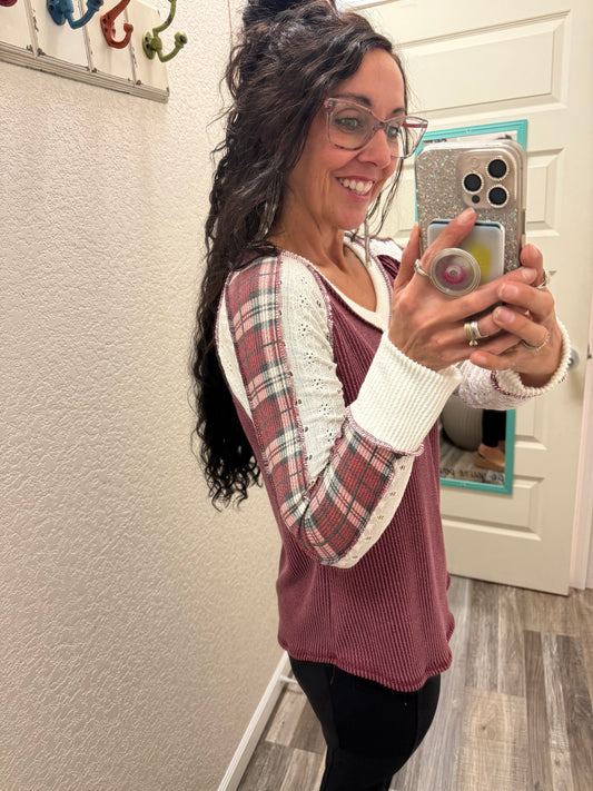 Lia Burgundy PLAID CONTRAST V Lace NECK LONG SLEEVE TOP