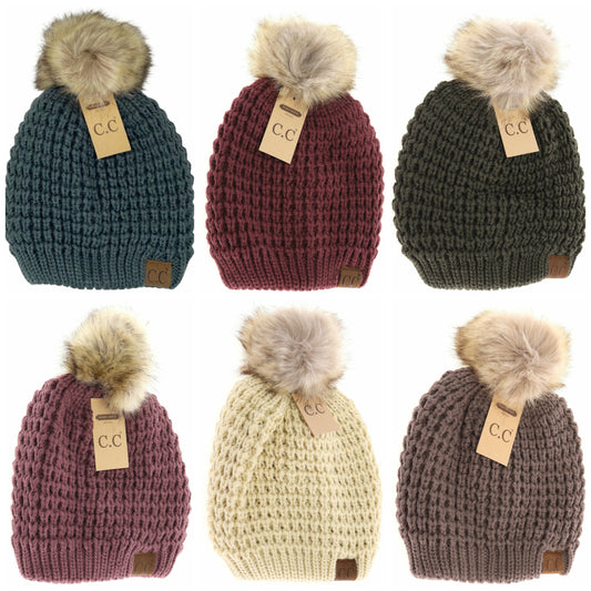 Solid Waffle Stitch Fur Pom C.C Beanie