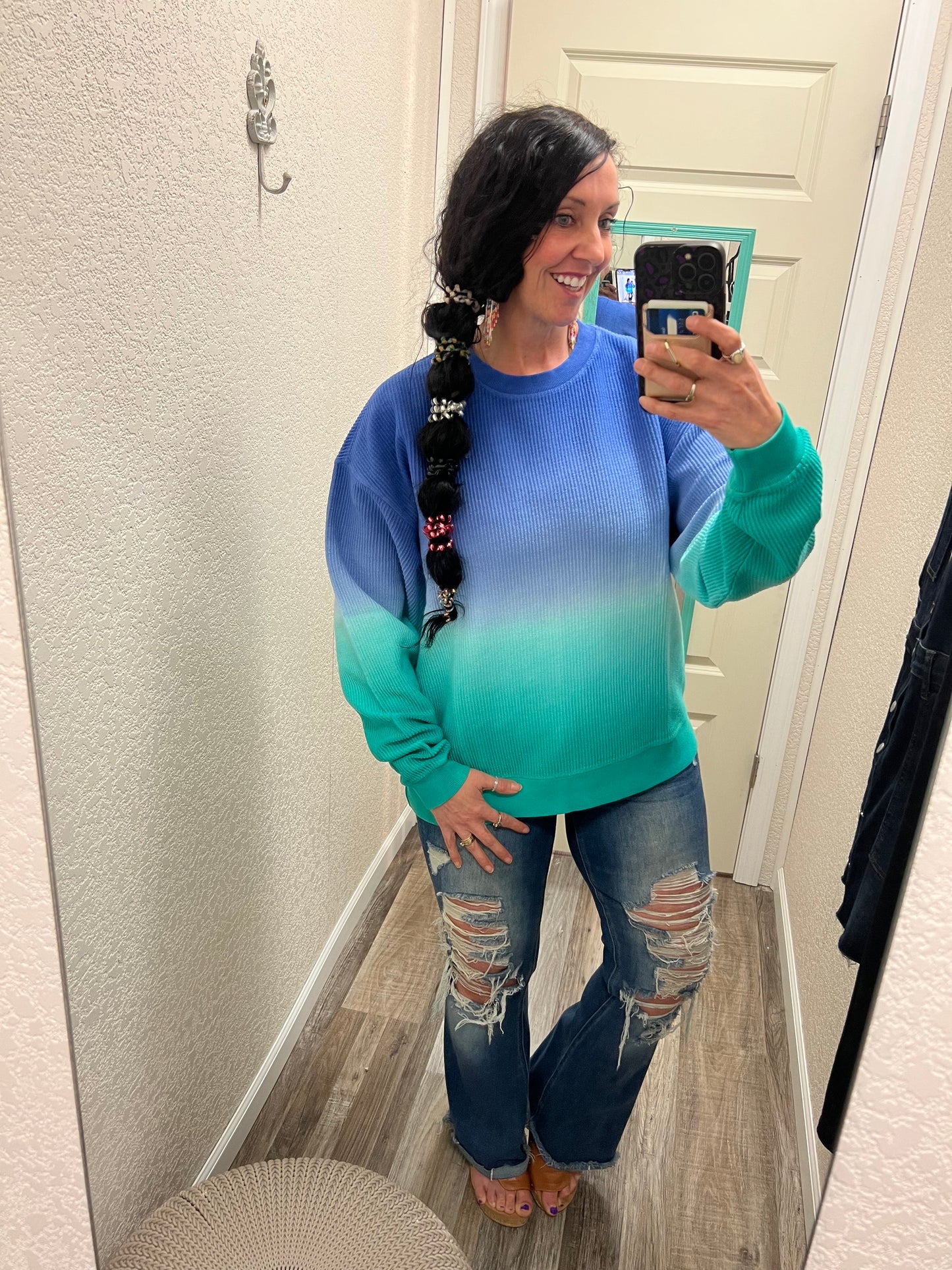 Ocean Views Ombré Cozy Corded Crew (Blue/Green)