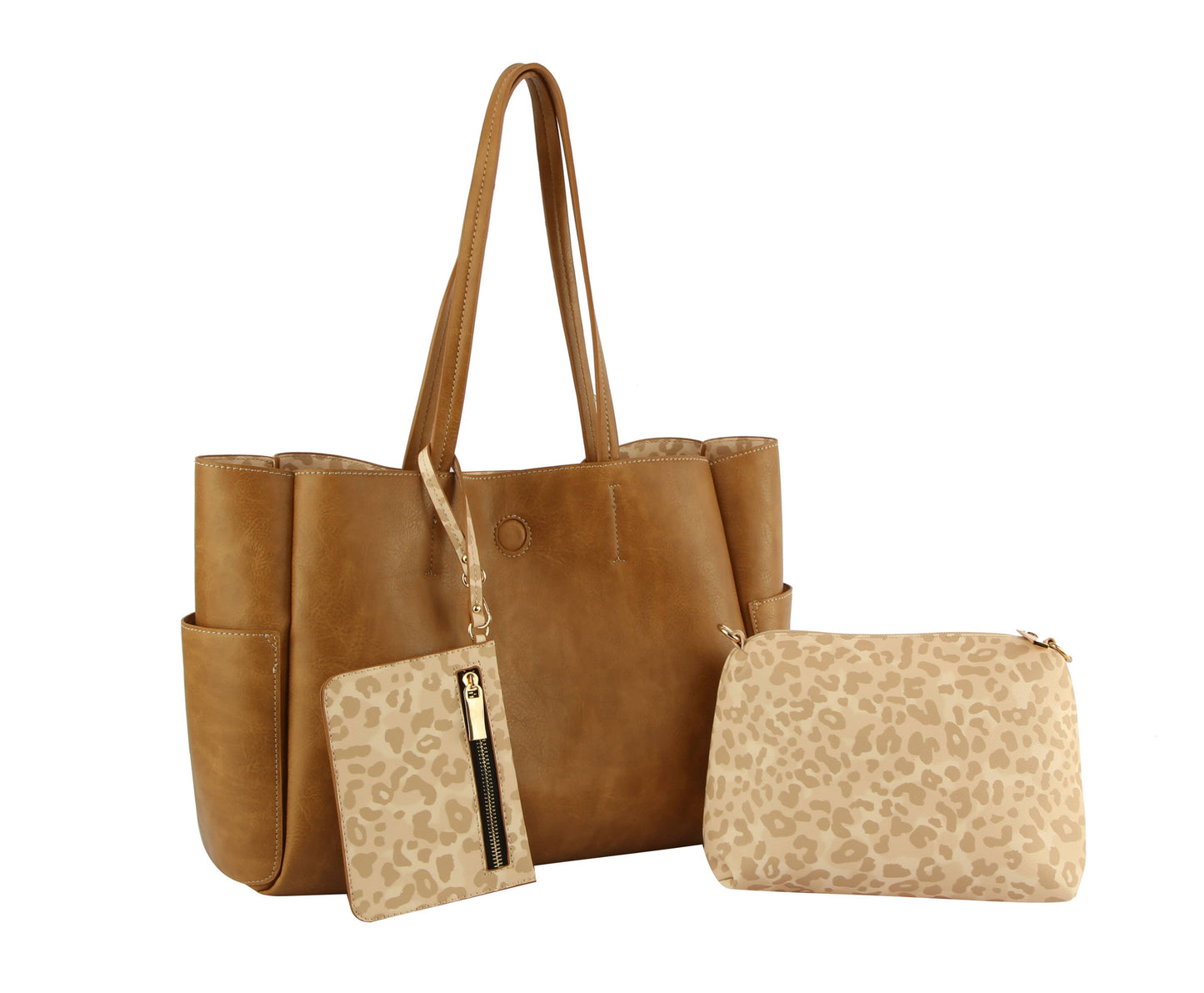 Tan Reversible 3 in 1 Women Tote Shoulder Bag Multi Pockets: