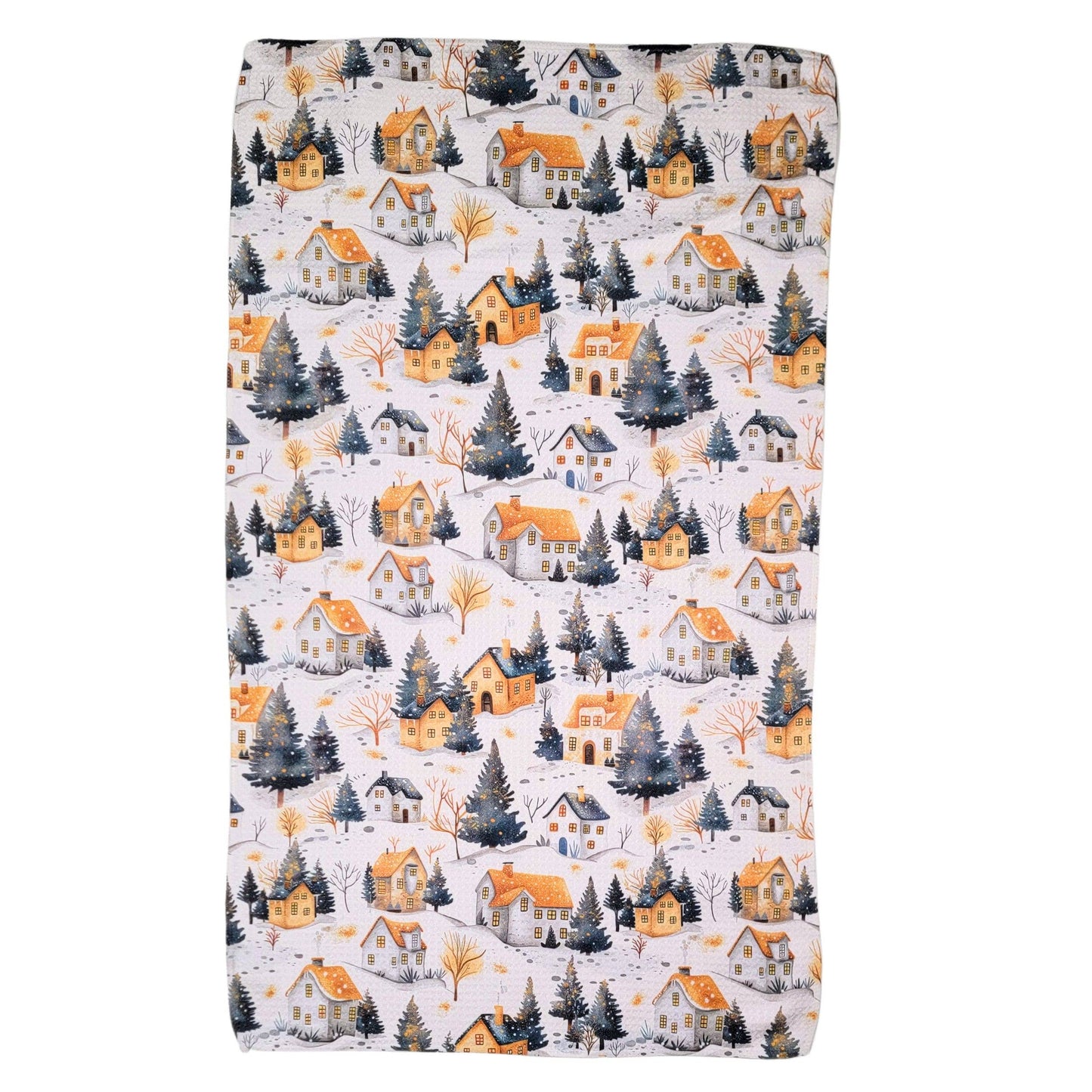 Winter Village Waffle Weave Tea Towels With Hanging Loop