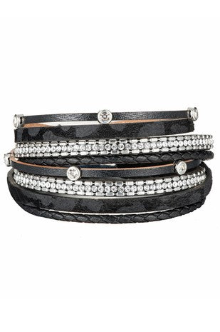 Black leopard, print crystal natural leather, multi strand bracelet