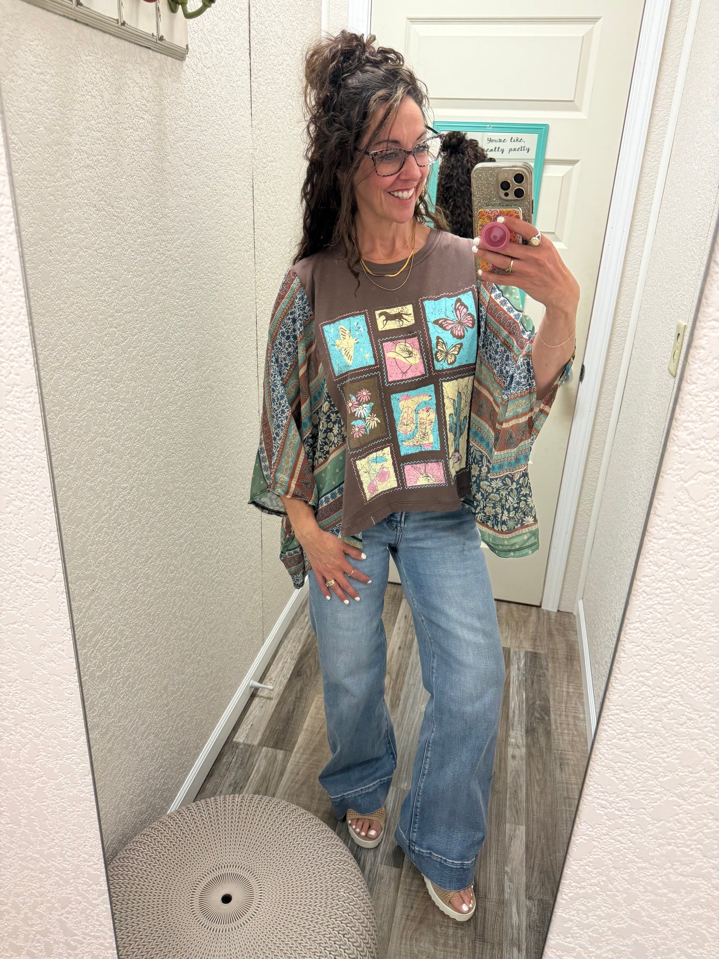 Western Elements Stamps Graphic Sheer Boho Kaftan Top