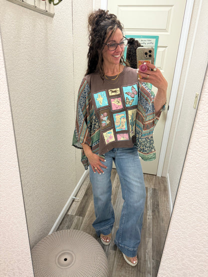 Western Elements Stamps Graphic Sheer Boho Kaftan Top