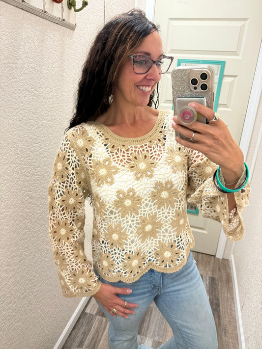 Latte Floral Crochet Knit Top