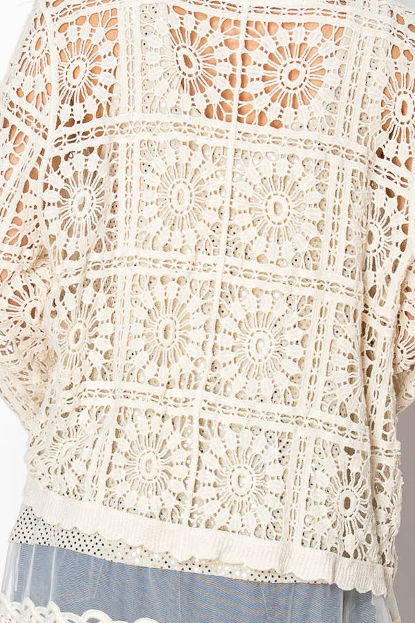 Candi Cropped Scalloped Crochet Button-Front Cardigan