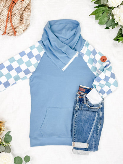 IN STOCK Zoey ZipCowl Sweatshirt - Blue and Mint Checker MM EXCLUSIVE