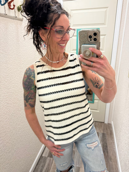 Boat Dreams Rounded Neck Pointelle Striped Knit Top