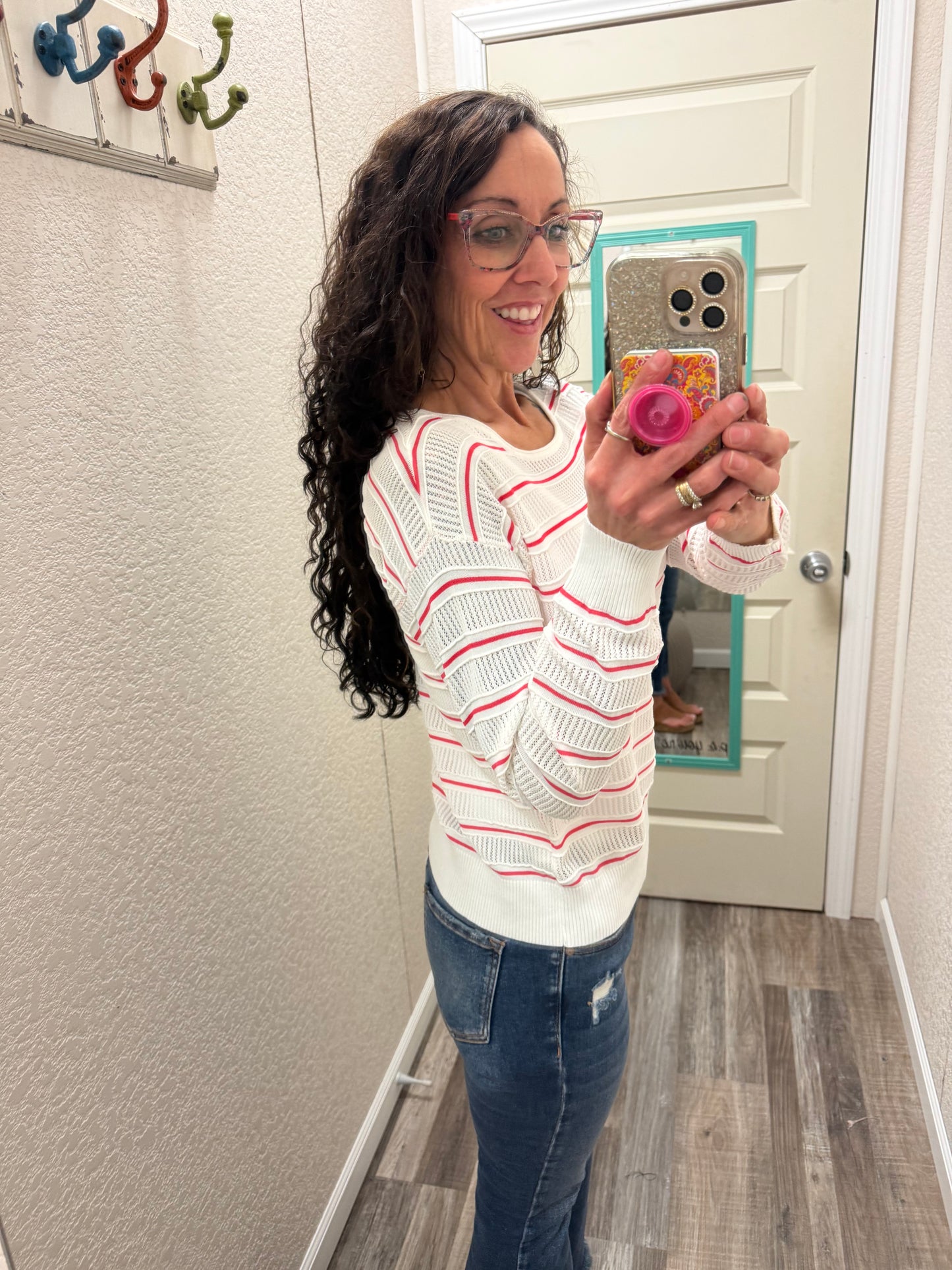 Seeing Stripes OPEN WEAVE POINTELLE STRIPED Top