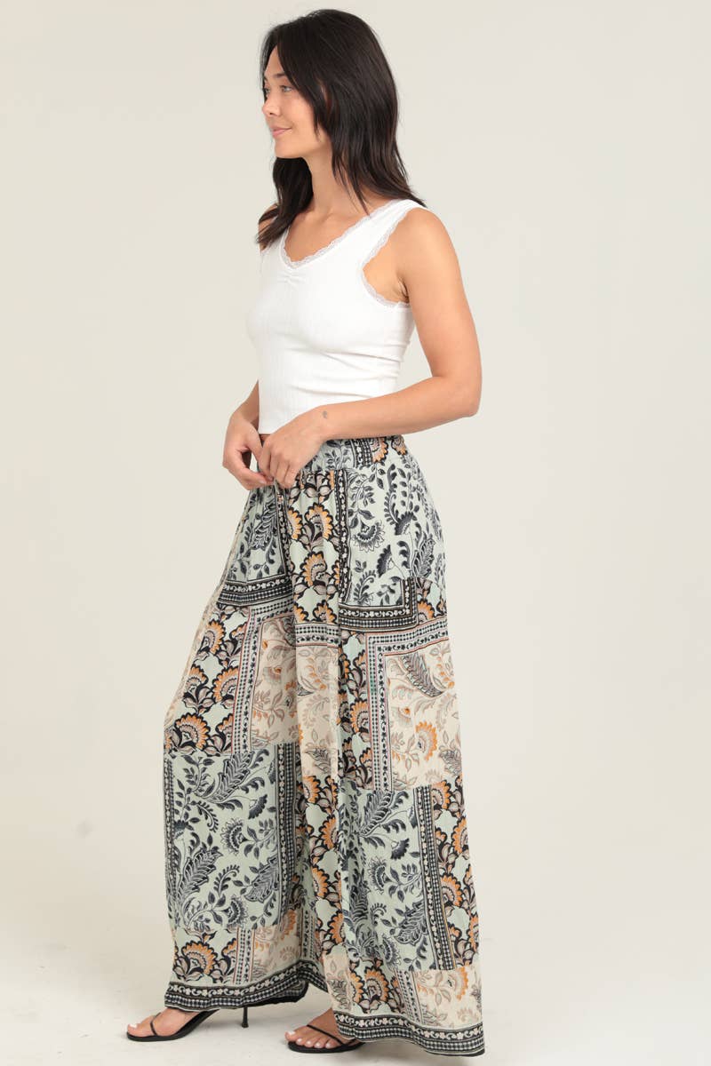 Jamaica PATCHWORK PRINT WIDE LEG PANTS WITH ELASTIC WAIST