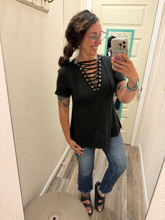 Sassy Criss Cross V Neck Short Sleeve Top
