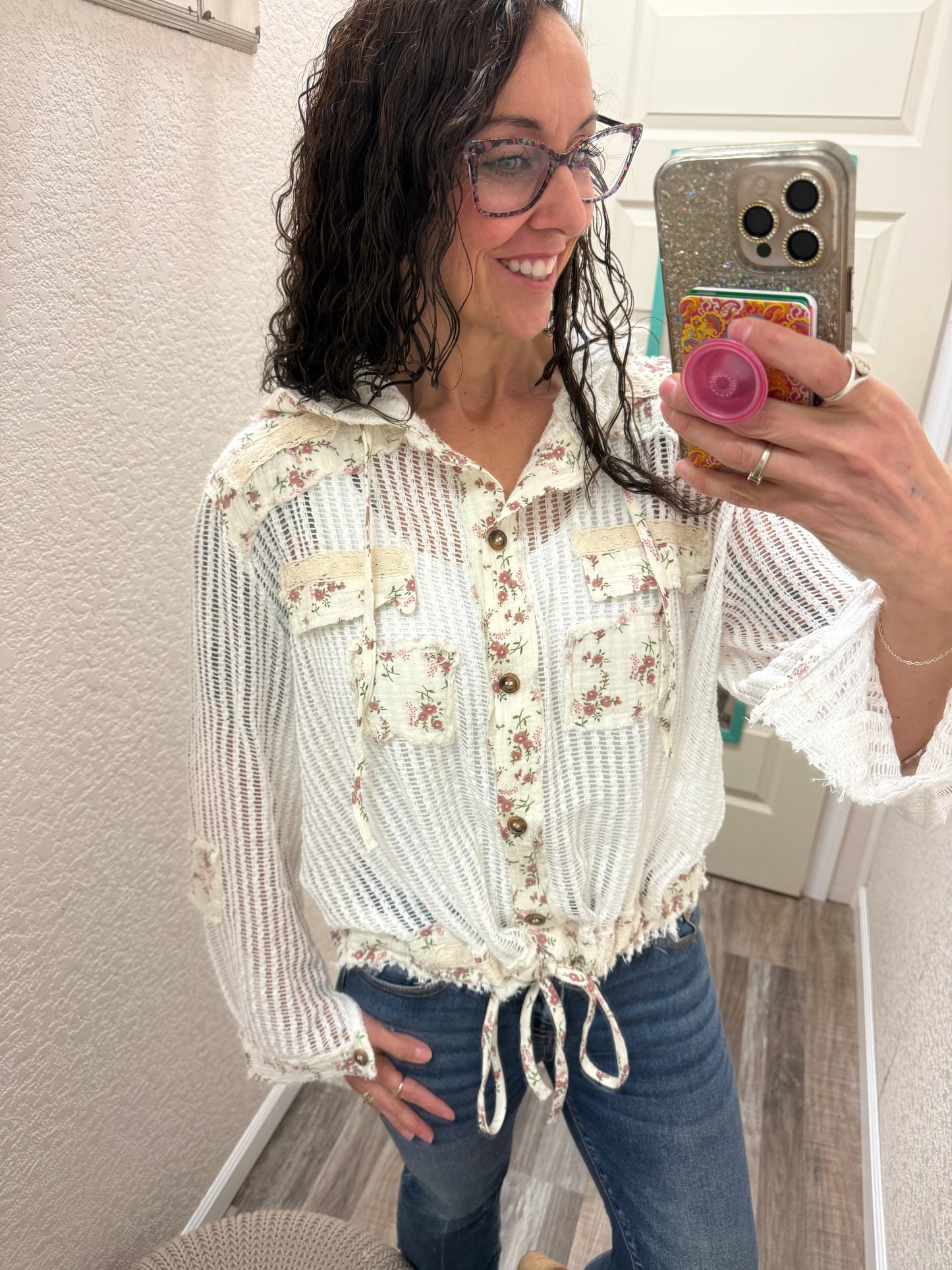 White Lulu Crochet Button Up Hoodie