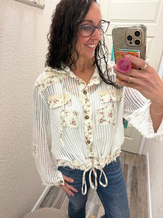 White Lulu Crochet Button Up Hoodie