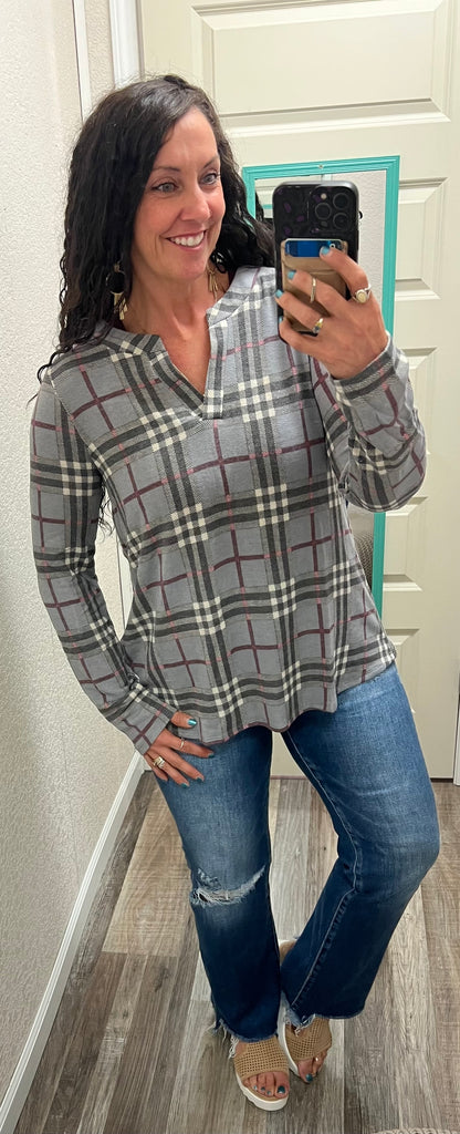 Lizzy - Dusty Blue Plaid - Long sleeve top