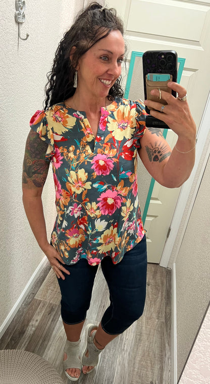 Lizzy - Grey Floral - Flutter Top