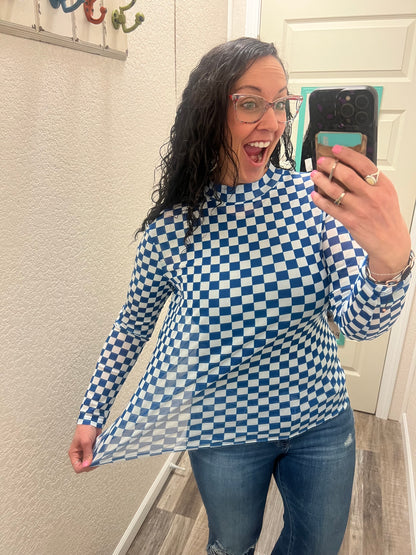 Blue & White Checkered Mesh Top